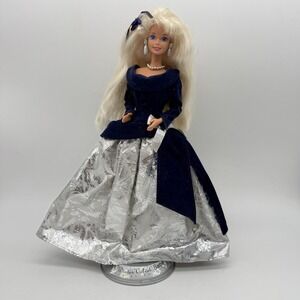Avon‎ Winter Velvet Barbie Matttel 1995 Silver Blue Dress W Stand Loose